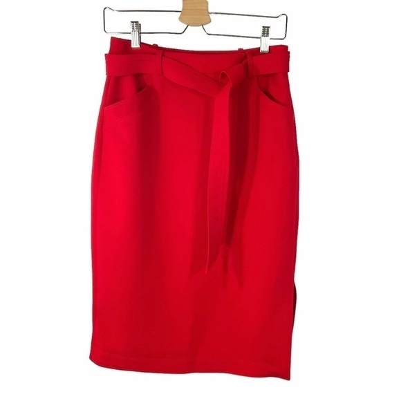 Banana Republic Skirt Red Side Slit Belted Midi Size 2 - Picture 2 of 13